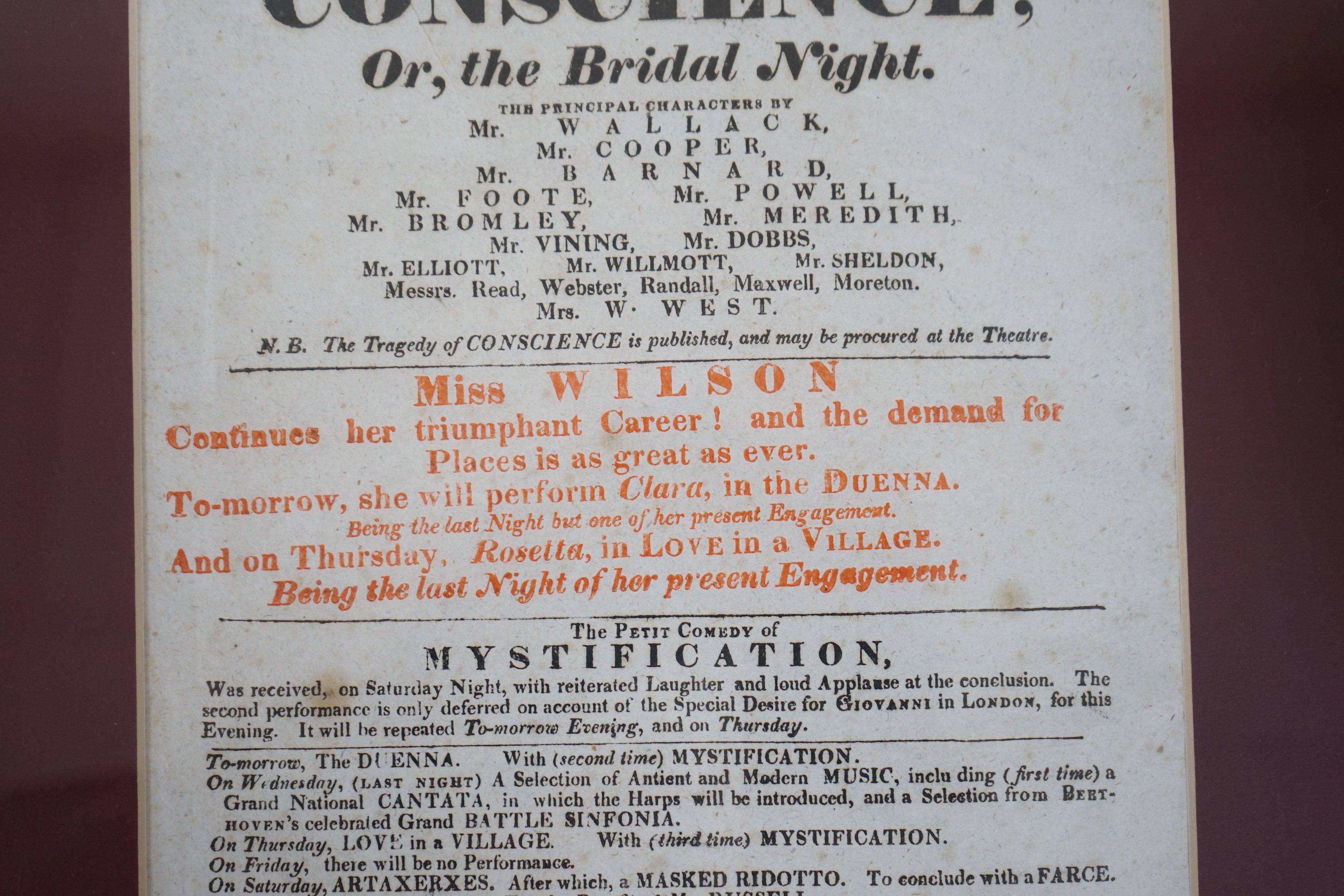 'Conscience; Or The Bridal Night’, Theatre Royal, Drury Lane, April 9, 1821, a framed theatre billboard poster, 32x18cm excl frame